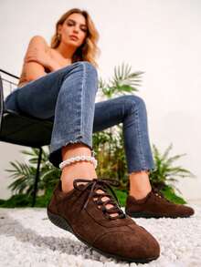 新款女士休闲运动鞋，棕色多功能徒步鞋，镂空圆头系带，舒适平底轻便日常户外徒步通勤鞋 - 棕色 - 查看 1