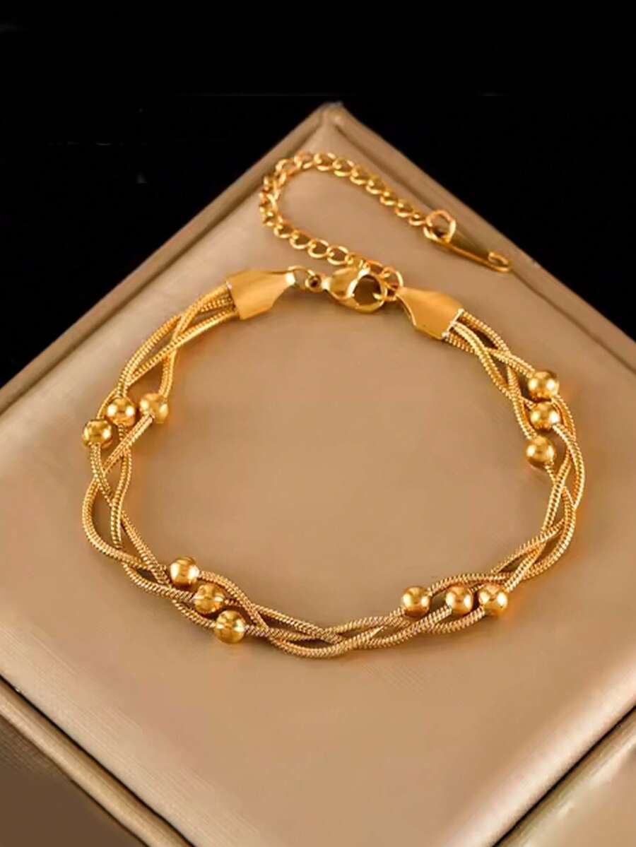 RAYQUEEN 1 pieza Pulsera de cadena de cuentas redonda minimalista de acero inoxidable de 3 capas, adecuada para uso diario - Pulsera - Ver 1