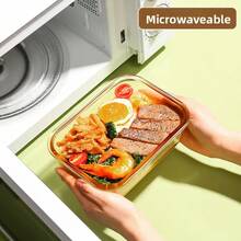 透明微波炉适用玻璃碗带盖分隔式备餐盒长方形食品储物盒圆形玻璃午餐盒 - 彩色 - 查看 8