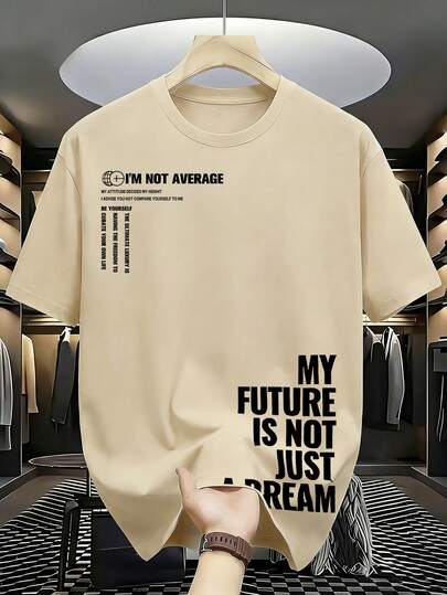 1pc Boys' Motivational Letter Print Short Sleeve T-Shirt, Minimalist American Style Slogan Graphic Tee, Comfortable Breathable Fabric, Casual/Sports, Beige Color