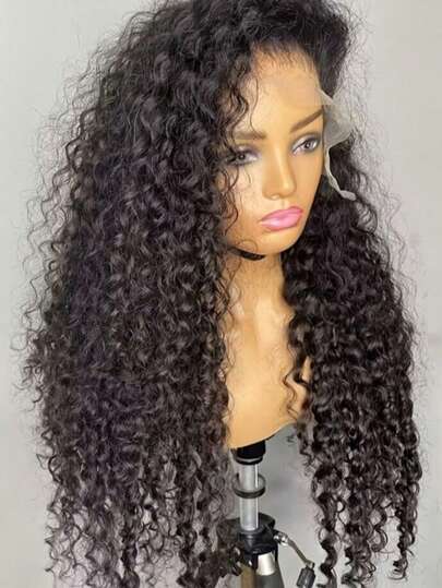 Leteme 13x6 Deep Wave Lace Front Wigs Human Hair Wigs HD Transparent Deep Curly Lace Frontal Glueless Wigs Human Hair Lace Front Wigs Pre Plucked 200% Density Natural Black 38 Inch