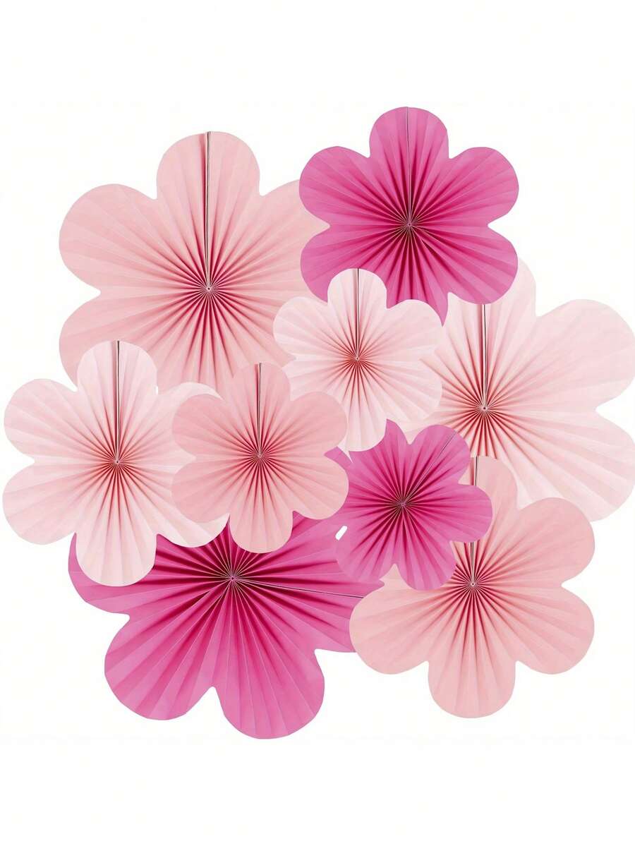 9pcs Pink Flower Paper Fans,Wall Decorations,Pink Flower Hanging Decor,Birthday,Party Background,Wedding Decorations,Engagement,Singles' Party,Flower Ball Decor, Home Living Room Bedroom Hanging Decor,Outdoor Garden Decor,Baptism Party Decorations - A - View 1