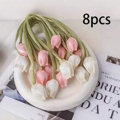 8 件装优雅郁金香窗帘绑带 - 经典花园风格涤纶纤维绑带，粉色花朵搭配绿色叶子，精致的家居装饰窗帘配件，深受 DIY 爱好者喜爱，阳光下闪闪发光的仿真郁金香