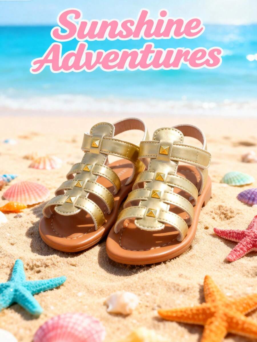 女童金色罗马凉鞋 - 时尚休闲百搭平底凉鞋，舒适沙滩度假鞋 - 金色 - 查看 1