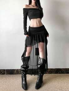 Chân váy midi Kliou Mesh Patchwork dành cho nữ, xếp ly không đều, màu đen, chất liệu polyester co giãn cao với lớp vải voan mỏng bên ngoài và chi tiết nhún bèo ở phần dưới. - màu đen - Xem 4