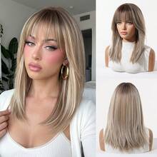 18 Inch Ash Blonde Wig Mixed Color With Highlights Straight Bob Wig With Bangs For Women, Heat Resistant Synthetic Wig For Daily & Party Wear - Màu dương cầm - Xem 12