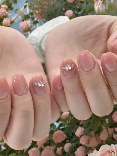 24pcs Light Pink Square Short Minimalist French Rhinestone Full Cover False Nails, Suitable For Party, Date And Daily Wear Nail Art Supplies