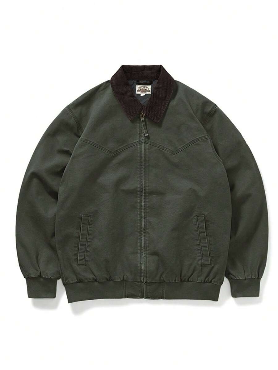 Retro Men's Detroit Jacket Distressed Wash Workwear Coat American Style Street Fashion Outerwear For Spring Autumn Season - 軍綠色 - 查看 1