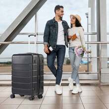 Carry On Luggage, Hard Shell, Double Spinner Wheels Lightweight Suitcase  Lock, Luggage Set - Black - View 3