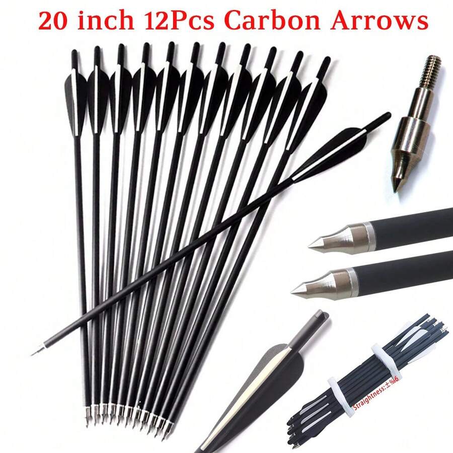 12Pcs Crossbow Bolts Carbon Arrows 20 Inch Hunting Archery Crossbow Arrows With Half Moon Nocks 125 Grain Removable Tips - Black - View 1