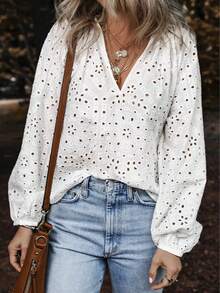 Solid Color Embroidered V-Neck Long Sleeve Shirt, Casual Wear Vacation Spring White - White - View 2