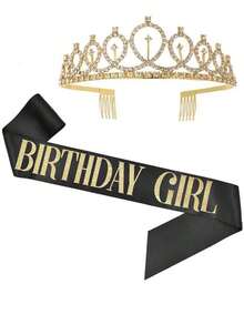 2pcs Rhinestone Decor Birthday Party Crown & Sash Set, Modern Party Crown & Sash Set For Home, - Black - View 2