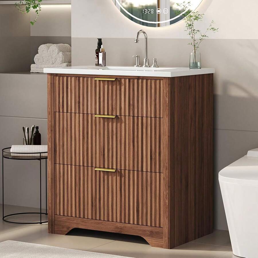 Vanidad de baño ranurada de 24 pulgadas con lavabo, gabinete de lavabo de baño independiente de granja con 2 cajones y 1 cajón desplegable, fácil montaje y limpieza - Nuez - Ver 1