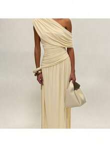 Women's Clothing 2026 Summer New Fashion Sexy Slanted Collar Pleated Irregular Solid Color Dress - 杏色 - 查看 6