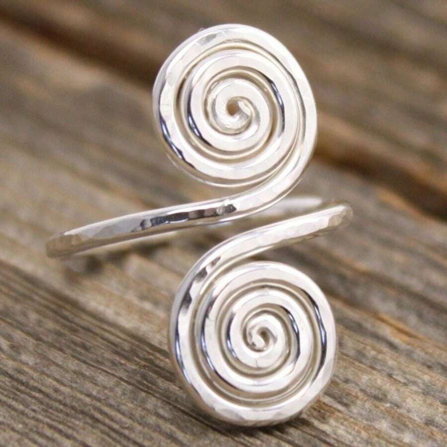 Nhẫn bạc cổ điển hình xoắn ốc có thể điều chỉnh kích cỡ, thích hợp cho các bữa tiệc, đám cưới, sinh nhật và các dịp khác. - Bạc - Xem 1