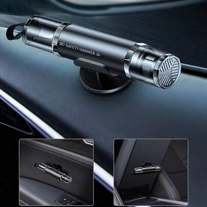 A Multifunctional Car Safety Hammer, Integrating A Car Window Breaker And Seatbelt Cutter, Serving As An Emergency Escape Tool. Made Of ABS And Alloy Materials, Compact And Portable Design With A Convenient Mounting Bracket. This Is A Fashionable Metal Appearance Car Safety Device.