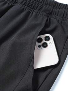 1pc Light Gray Men's Sports Pants, Cool & Comfortable Drawstring Elastic Waist Casual Cropped Pants, Polyester Material, Lightweight & Breathable, Casual Sports Style, Machine Washable, Summer Boyfriend Style, Essential For Running, Fitness, Commuting - Black - View 8