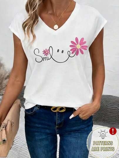 Plus Size Women V-Neck Short Sleeve T-Shirt, Printed With "Smile" Slogan And Daisy Flower Pattern, White Summer Top Casual