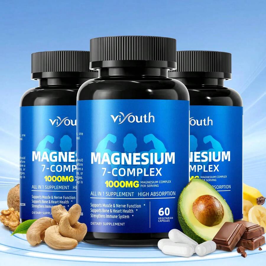 Viyouth Magnesium Complex 1000mg - Glycinate, Citrate, Taurate & More - Vegan Capsules For Calm, Sleep & Muscles - Gói tiết kiệm (3 cái) - Xem 1