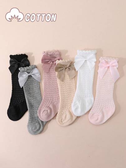 6 Pairs Baby/Toddler Girls' Sweet Bow Decor Solid Color Mesh Anti-Mosquito Knee High Socks, Elegant Versatile For Spring/Summer Daily Wear