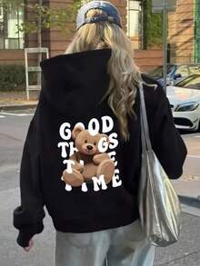 Casual Winter Fashion Kangaroo Hoodie, Comfortable Cotton With Pockets And Adjustable Hood, New Design. - Black - View 2