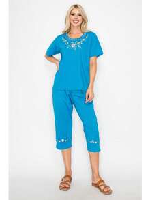 Women Short Sleeves Embroidered Cotton Blend Lounge Wear  Sets - Teal - View 1