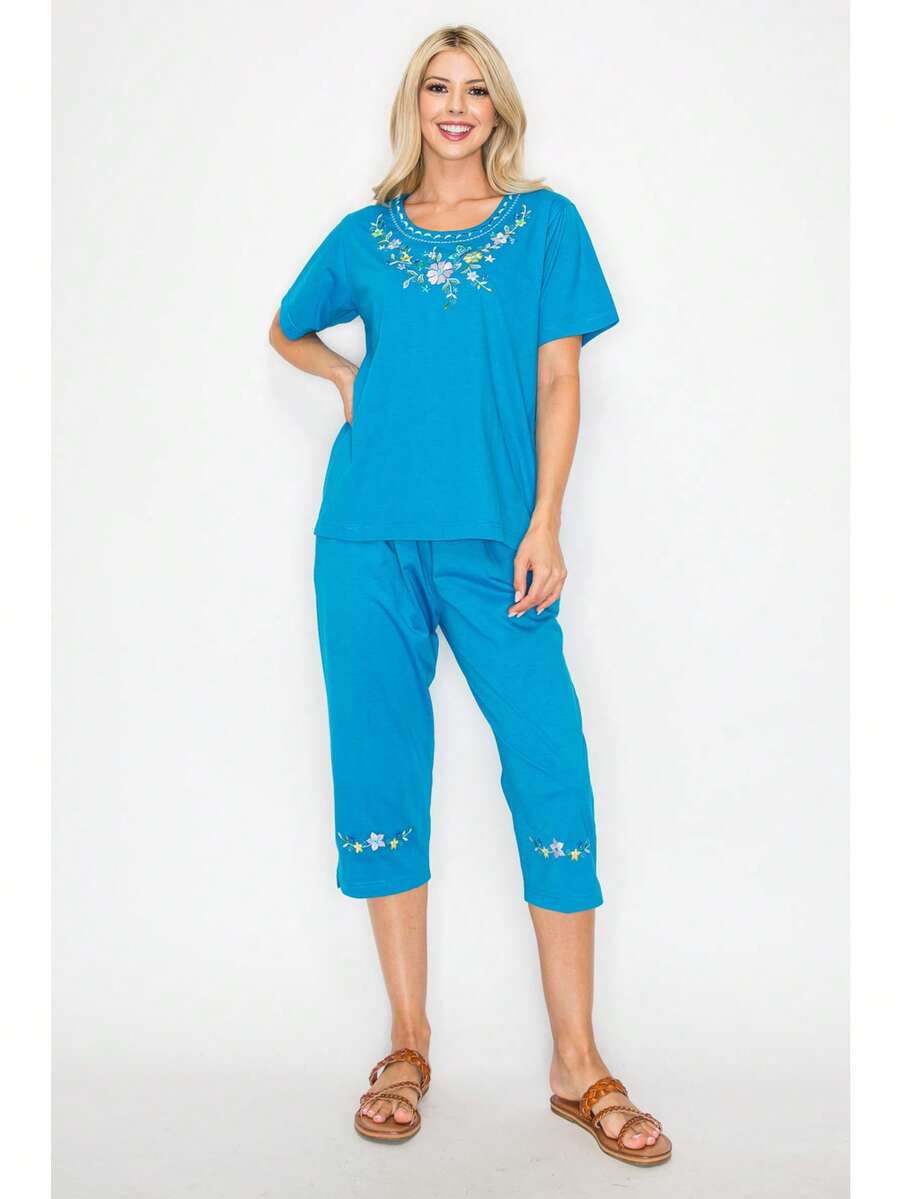Women Short Sleeves Embroidered Cotton Blend Lounge Wear Sets - Teal - View 1