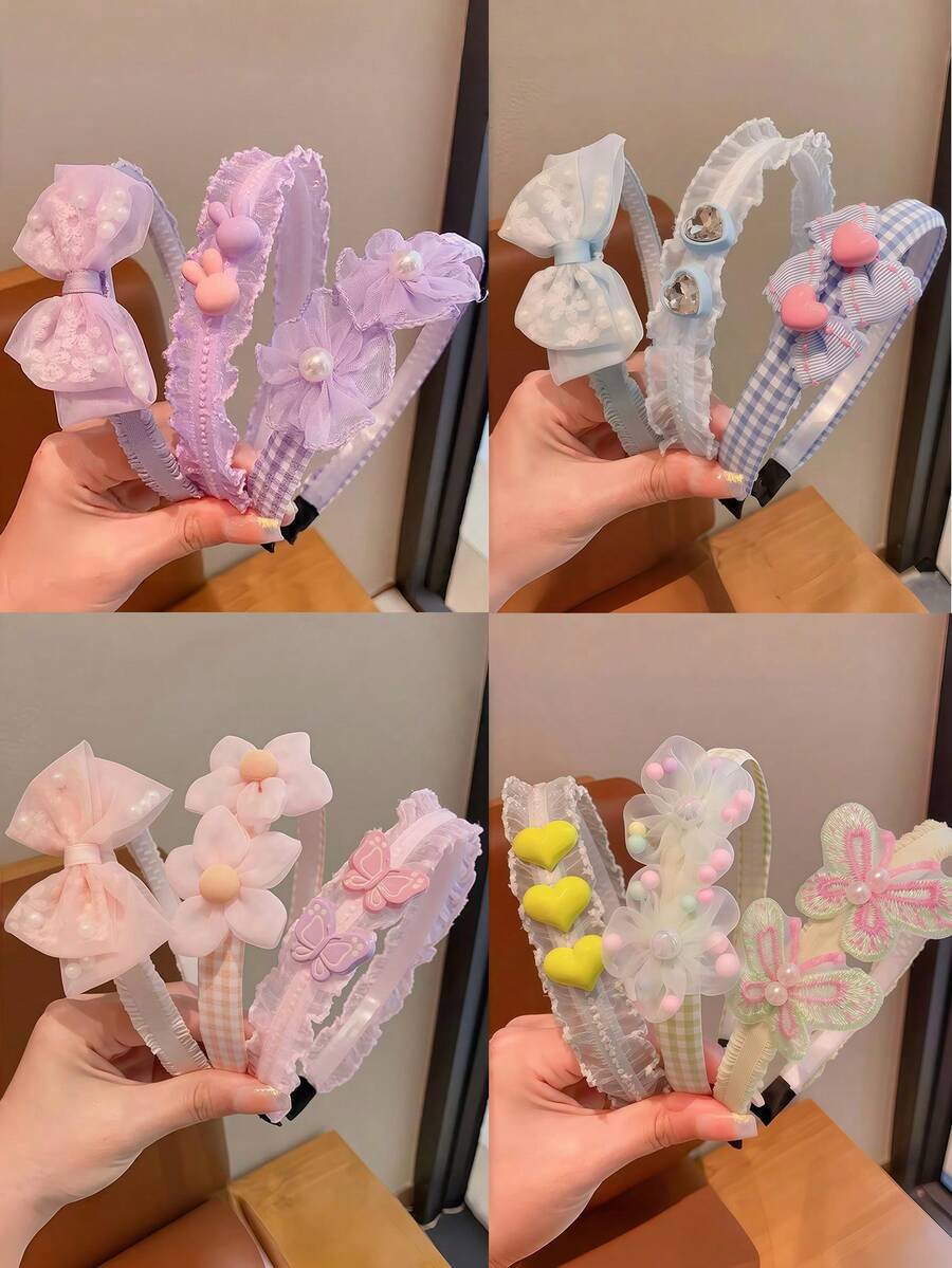 3件套可爱紫色蝴蝶结发箍，蕾丝花朵珍珠发圈，甜美公主发饰 - 彩色 - 查看 1