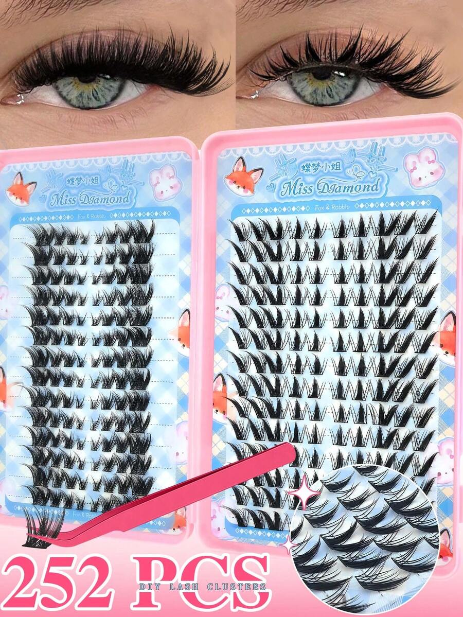 252PCS Cluster False Eyelash, Cat Eye Lashes, Fox Style, Rabbit Style, D-Curl, Thick & Fluffy, Suitable For Beginners To DIY At Home, Daily Wear, Parties, Weddings,Lash Clusters, Lash Clusters, Single Lashes, False Eyelashes - D - View 1