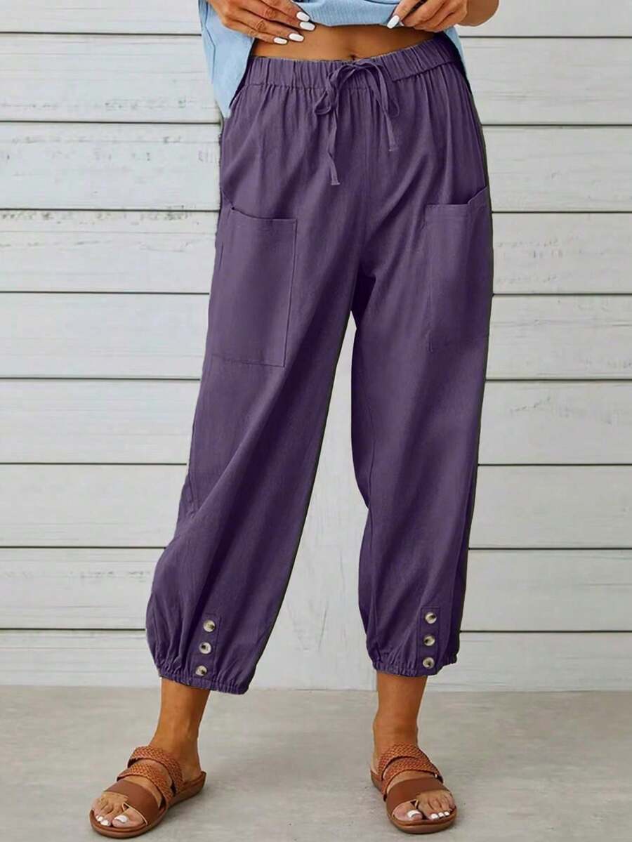 New Arrival European And American Loose High Waist Button 3/4 Wide Leg Pants For Women Spring - Purple 3 - View 1