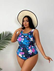 Plus Size Women Floral Print Backless One-Piece Swimsuit Vacation Beach - Multicolor - View 1