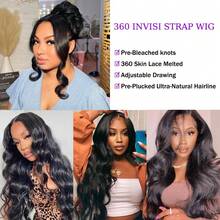 ZHENDEFA Body Wave Invisi Strap 360 Lace Front Wigs Human Hair Pre Pleched 200% Densted Strikes 360 HD Transparent Lace Front Wigs With Drawstring Brazilian Virgin Human Hair Glueless Wig For Women #1B Natural Black - SNatural - 查看 7