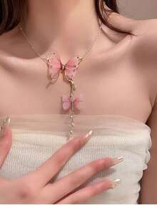 蝴蝶网吊坠项链，简约时尚链条颈链，适合女性日常佩戴 - 粉色 - 查看 1