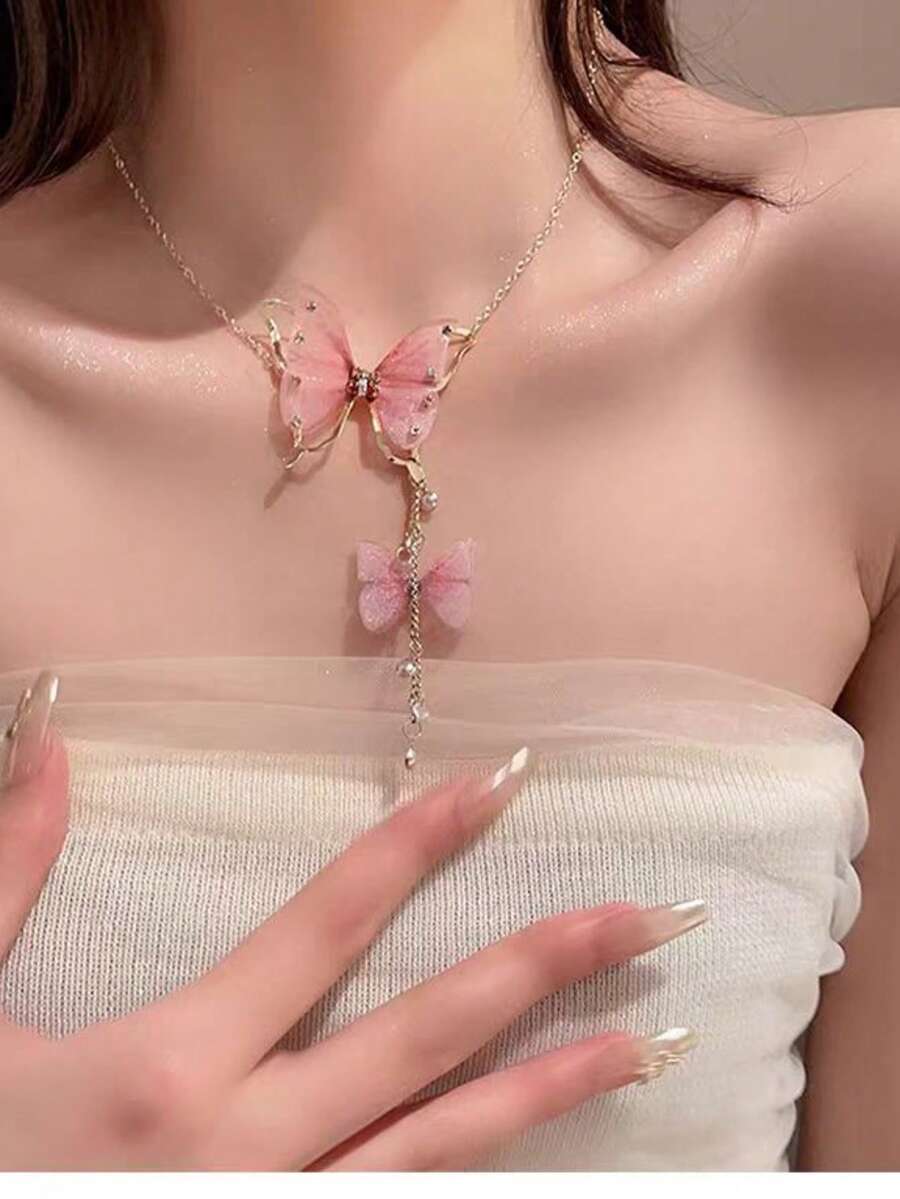 蝴蝶网吊坠项链，简约时尚链条颈链，适合女性日常佩戴 - 粉色 - 查看 1