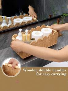 [Us-Based Shipping]1pc Woven Storage Basket, Fan-Shaped Edge Design, Handheld Storage Basket, Suitable For Toilet Tank Top Shelf, Bathroom, Living Room, Bedroom, Vanity, Home Decor, Bathroom Accessories, Desktop Organization & Storage, Halloween Gift Basket, Holiday Decor & Gift Basket, Ideal Gift Basket Storage Organizer Bathroom Essentials House Essentials Cruise Essentials Travel Containers Bathroom Storage Kitchen Organization And Storage Dorm Room Essentials College Storage Basket Storage Containers Bathroom Organization And Storage Makeup Brush Holder Vacation Essentials CubesLand Scalloped Edge Toilet Paper Storage Basket, Living Room Home Cozy Decor Basket, Paper Rope Small Baskets For Over Toilet Storage Shelf, End Table, Shelves, With 2 Wooden Handles, Beige - Xem 12
