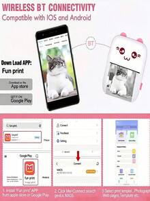 1 Printer + 13 Rolls Of Paper Set, Mini Pocket Photo Printer, Portable Inkless Thermal Printer, 57mm: With Adhesive Paper, Wireless Bluetooth Printing 200dpi, Pink - Pink - View 11