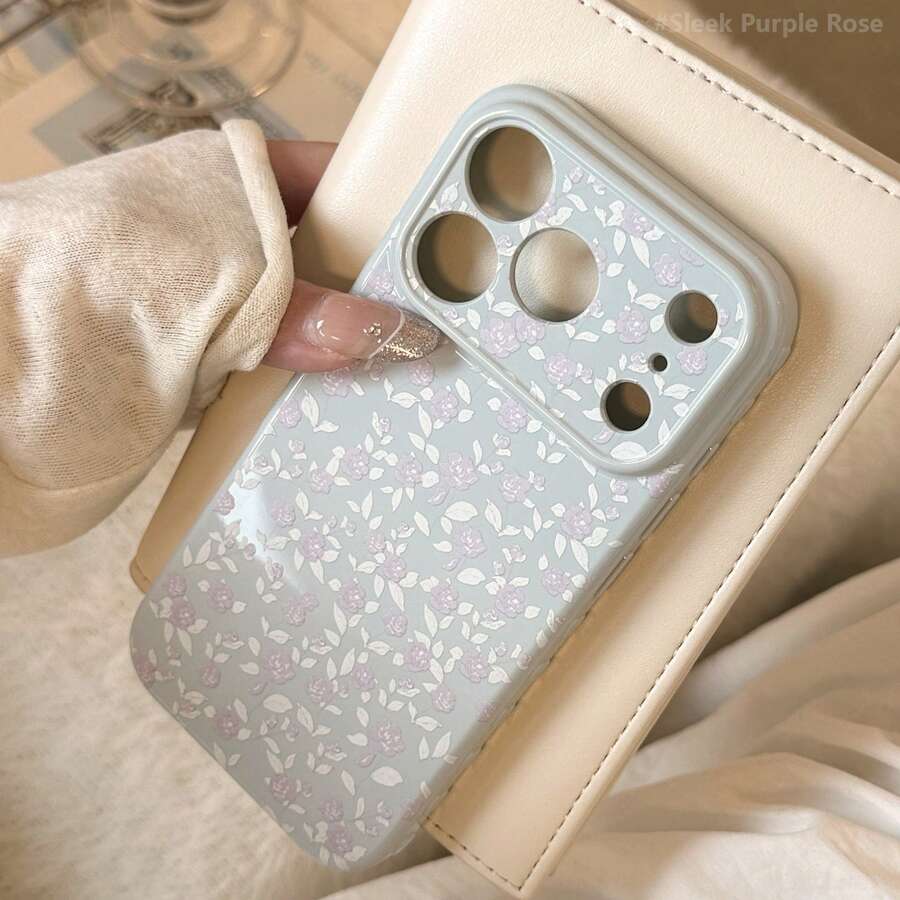 透明粉色花朵17 ProMax手机壳，柔软花卉图案保护套，兼容 16/14/15/13，创意、几何、简约、清新、小众、ins风 - 海霧藍 - 查看 1