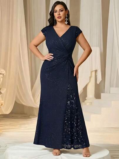 EVERPRETTY Summer Plus Size Formal Dress Glamorous Prom Dress V-Neck Beaded Sequin Formal Dress Contrast Sequin Pleated Bust Design Navy Blue Evening Gown Black Tie Event Dress Formal Dress Wedding Guest Formal Gown Spring Party
