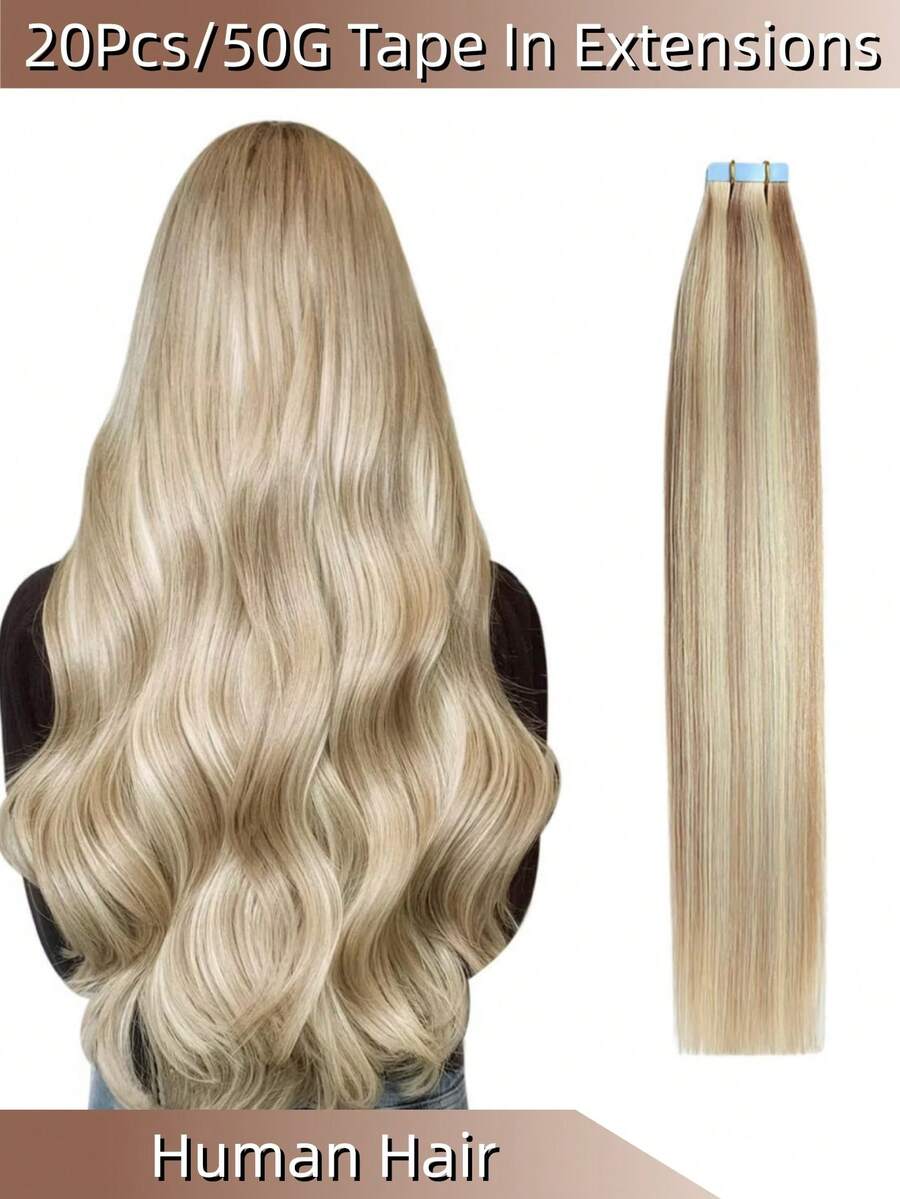 50g/Pack, 20 Pieces, Tape-In Human Hair Extensions, 45cm (18 Inches), Straight, Seamless, Skin Weft, High-Quality Human Hair Extensions, Natural Color, Natural Color Gradient - S18/613 - View 1