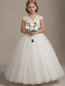 Tween Girl Lace Splice Mesh Open Back Dress, Floral Party Wedding Evening Gown - White - View 1