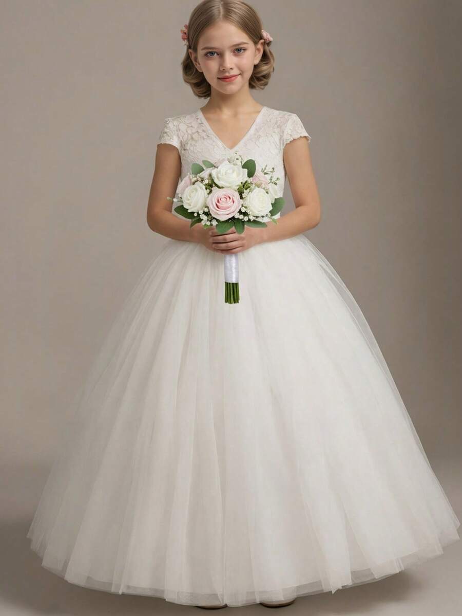 Tween Girl Lace Splice Mesh Open Back Dress, Floral Party Wedding Evening Gown - White - View 1