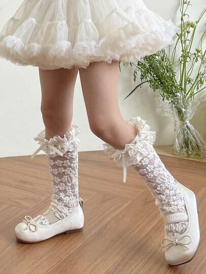 Lace Trim Bow Decor Kids/Baby/Student Mid-Calf Socks For Girls