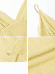 Vaiaye 女士两件套：优雅吊带上衣和宽松抽绳裤，亚麻深V露背吊带上衣搭配宽松腰裤，性感可爱优雅浪漫夏季两件套 - 黃色 - 查看 11