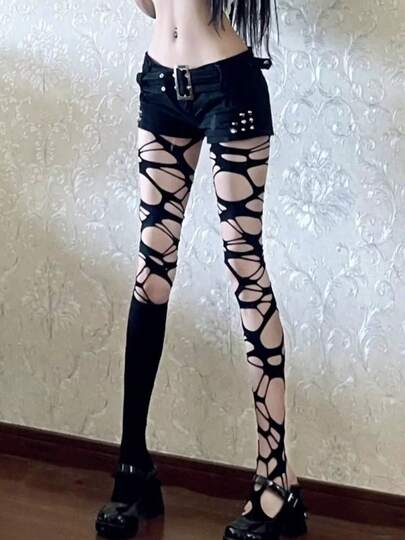 Y2K朋克哥特风破洞渔网袜，黑色，适合春夏穿着