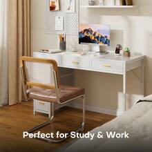 HLONONE Computer Desk With 6 Drawers, 120*50 Cm Wide Desk With Fabric Shelf, Sturdy Steel Frame, Vintage Wood Look, Ideal For Bedrooms And Living Rooms, Available In 3 Colors - trắng - Xem 7
