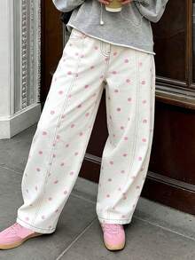 Women's 2026 Polka Dot Barrel Jeans Curved Sword Pants Boyfriend Y2K Casual Wide Leg Mid Rise Denim Pants - 粉色 - 查看 3
