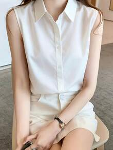 Solid Color Front Button Sleeveless Shirt, Lightweight Loose Fit, Classic Collar, Machine Washable, Suitable For Casual And Office Wear In Spring, Summer And Autumn White - White - View 2