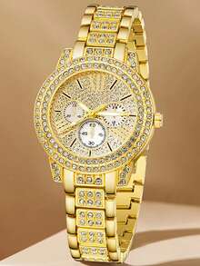 Bộ trang sức cao cấp 6 món dành cho nữ, bao gồm đồng hồ thạch anh đính kim cương, vòng tay hình trái tim đính kim cương, dây chuyền kim cương, bông tai kim cương, vòng đeo tay hở hình trái tim, nhẫn kim cương. Bộ phụ kiện thời trang sang trọng này tập trung vào các yếu tố vàng và kim cương lấp lánh. - Vàng - Xem 2