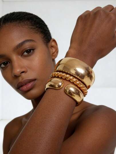 3pcs/Set 1pc Vintage Exaggerated Luxury Geometric Design Wide Metal Gold Bangle Set, Suitable For Everyday Wear And Gifting