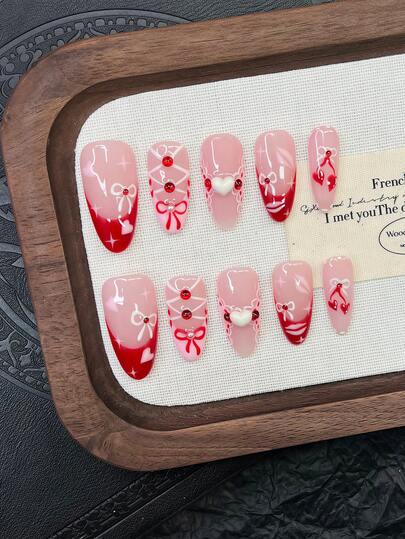 10pcs Y2K Nails Chic Almond-Shaped Press On Nails Set - Handcrafted, Red Nails, Pink Nails, Red French Tip Nails, Hand Drawn Pink Bow & Kiss Pattern And Lace Nail Art, Hand Drawn Love Pattern And Ballet Shoe Pattern Design